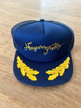 Niagara Falls Embroidered Navy Trucker Hat with Gold Leaf Accents, SnapBack